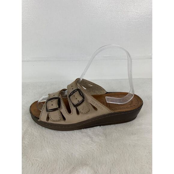 Fly Flot Womens Beige Leather Slide Sandals With Double Strap Buckle Design 6.5 - Picture 4 of 9